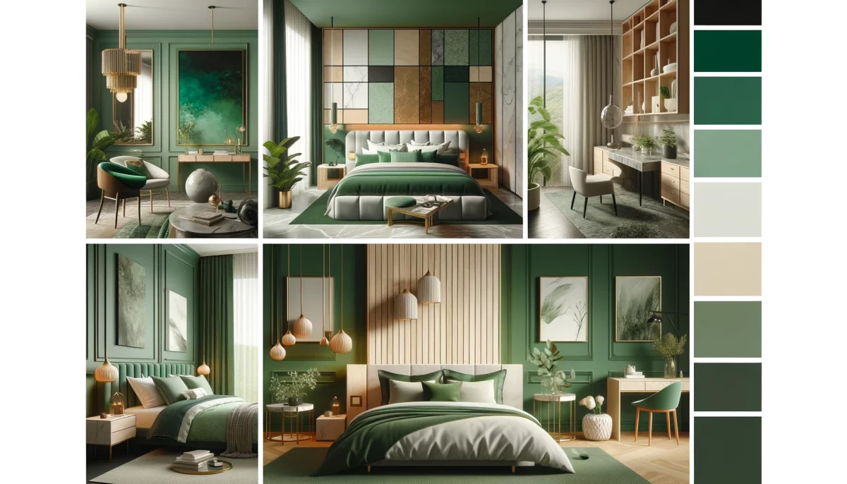 Palette di tonalità di verde applicate in contesti diversi di camera da letto, con suggerimenti su abbinamenti di colori e materiali.