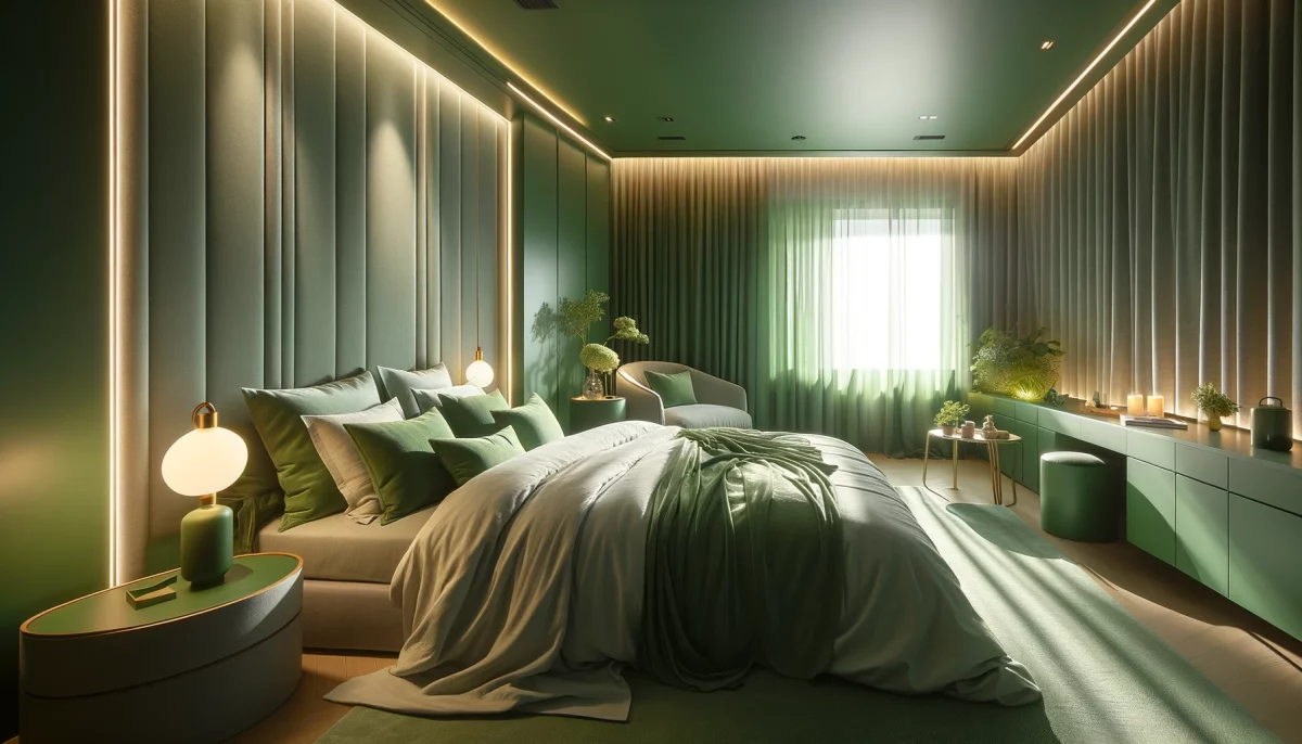 Una camera da letto verde con un uso attento dell'illuminazione e una selezione oculata dei tessuti, per trasformare la camera da letto in un ambiente dove il verde non è solo un colore, ma un'esperienza multisensoriale che invita al relax e al rinnovamento. 