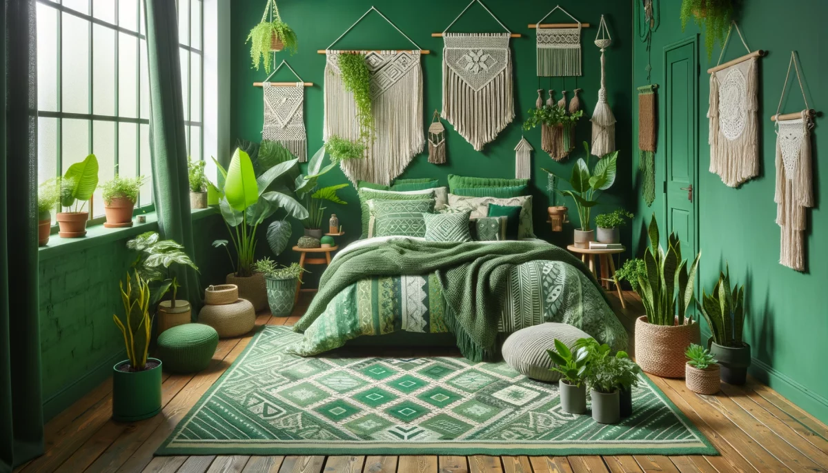 incorporazione di diverse tonalità di verde, tessuti con pattern, tappeti etnici, e una varietà di piante e elementi naturali come legno e rattan, può dare vita a una camera da letto boho-chic.