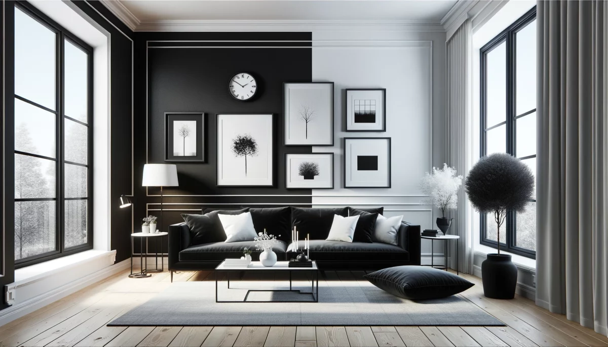Un salotto arredato in bianco e nero, mettendo in evidenza come una parete accentata possa trasformare l'ambiente, creando un punto focale di grande impatto visivo.
