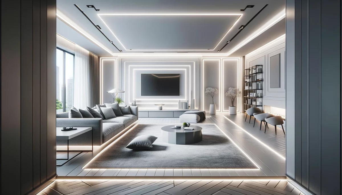 Un salotto contemporaneo in bianco e grigio, dove l'uso di strisce LED o illuminazione incassata aggiunge un tocco moderno e sofisticato all'ambiente. 