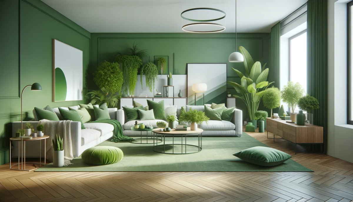 Salotto verde minimalista con piante, mobili moderni, e illuminazione soffusa, creando un ambiente equilibrato e accogliente.