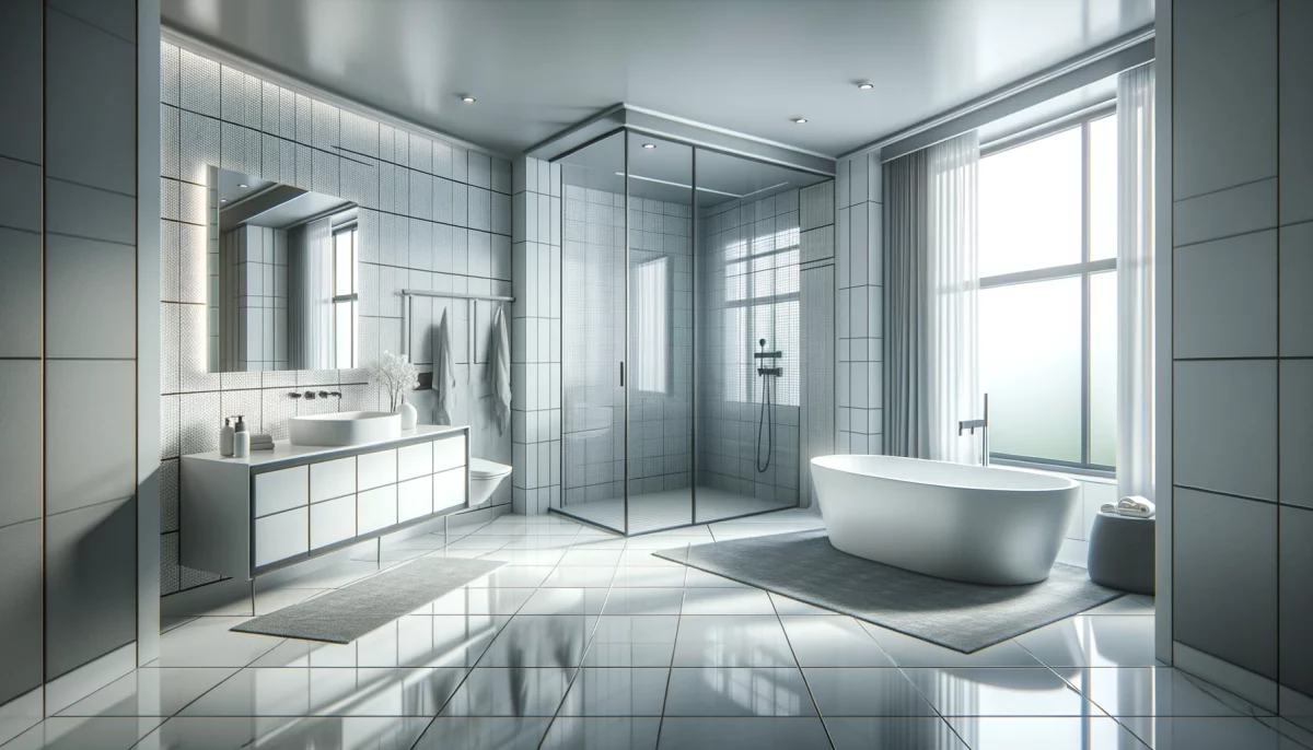 L'essenza dell'armonia tra bianco e grigio in un bagno, mostrando un design moderno ed elegante che sfrutta la luce naturale per enfatizzare linee pulite e minimaliste. 