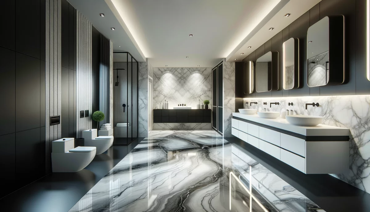 Un bagno in bianco e nero che incarna eleganza e modernità. 