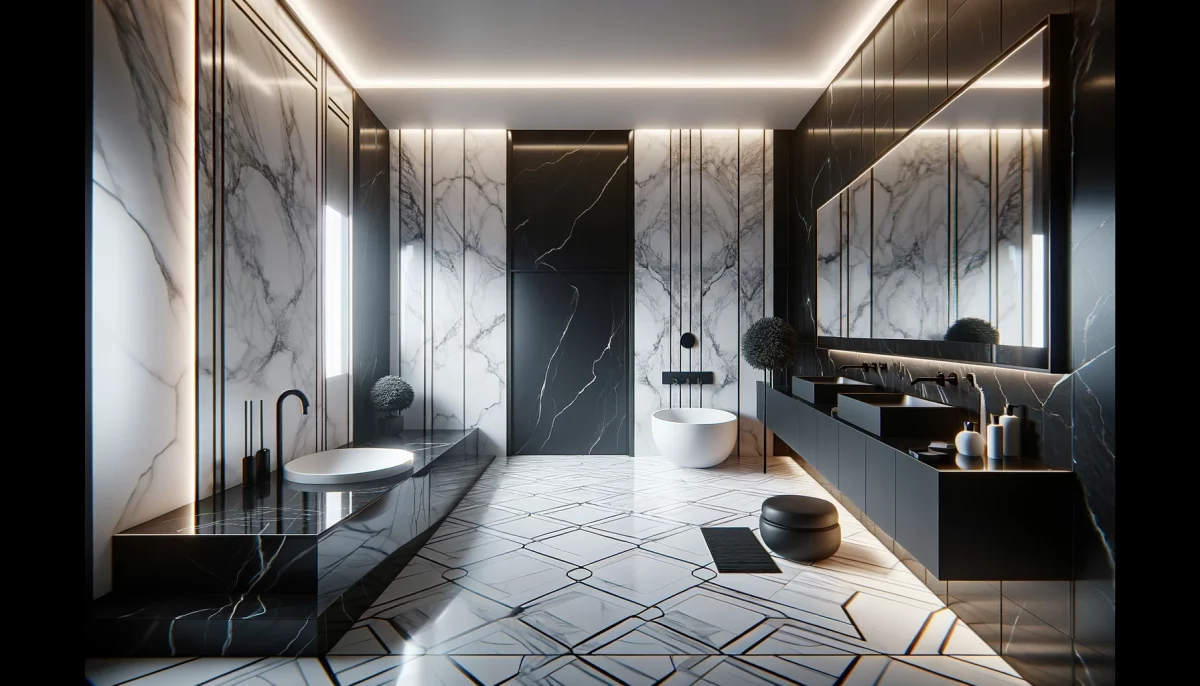 Un bagno con pavimenti bianchi e rivestimenti con greche color nero. 