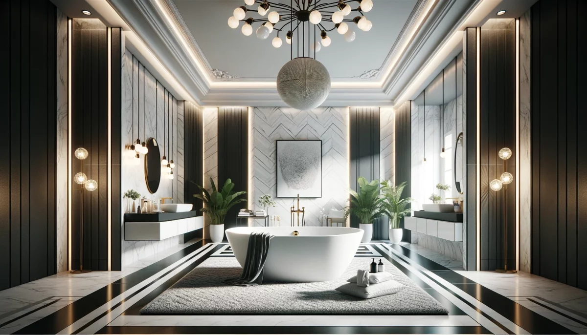 Un bagno color bianco e nero con grande vasca esterna e piante creando un ambiente sofisticato.