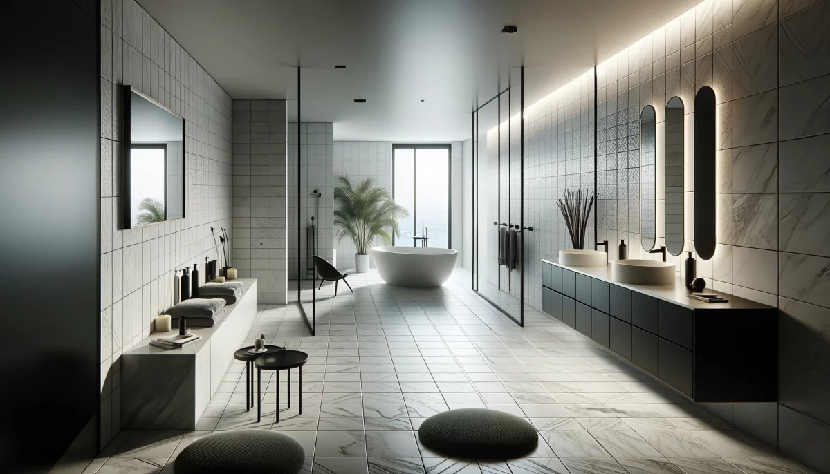 Un bagno bianco e nero dove  la modernità e l'eleganza del bagno viene creata dal contrasto di mobili neri contro le pareti bianche.