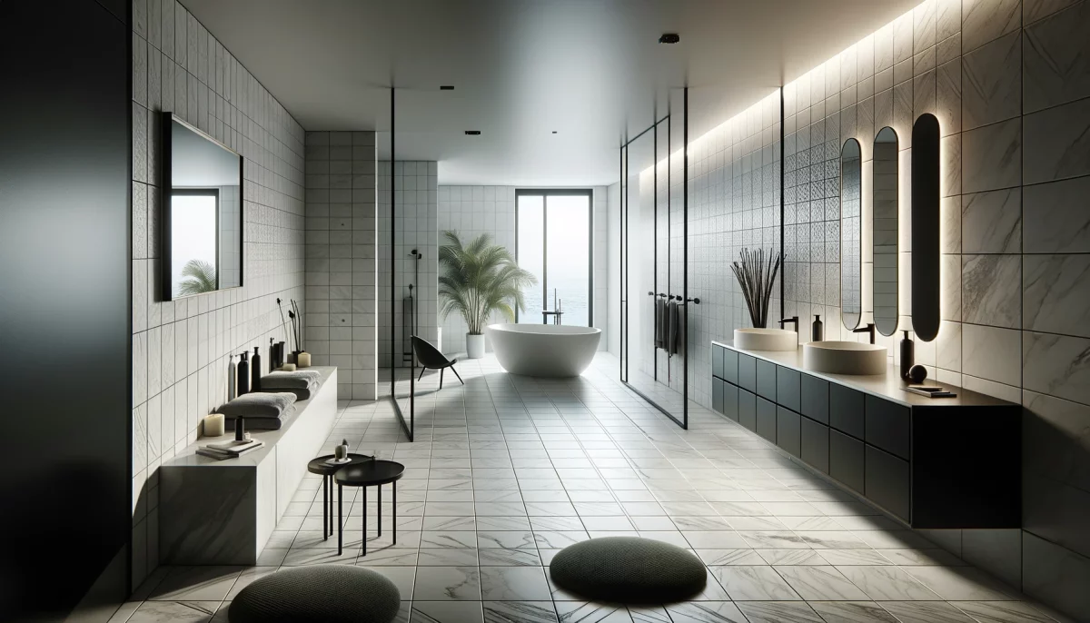Un bagno bianco e nero dove la modernità e l'eleganza del bagno viene creata dal contrasto di mobili neri contro le pareti bianche.