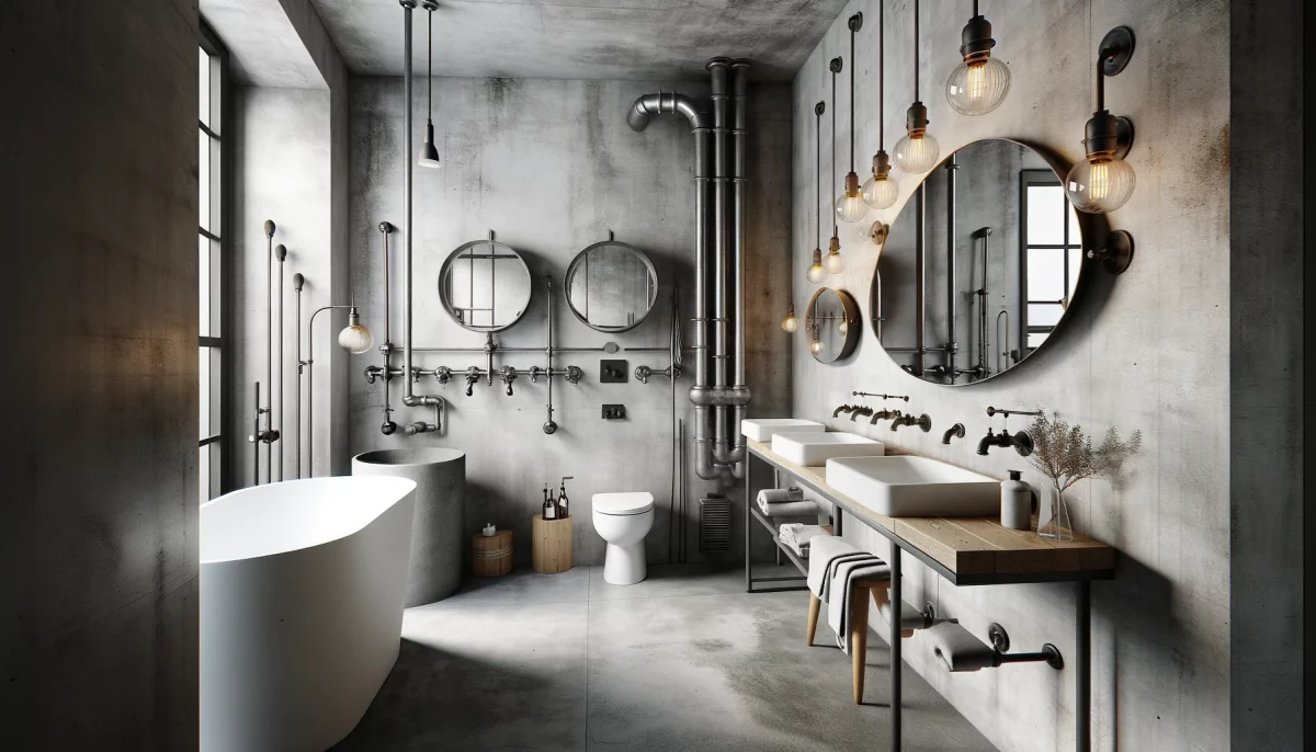 Un bagno in stile industriale con superfici in cemento, lampade in stile fabbrica e materiali che aggiungono interesse visivo e calore allo spazio.