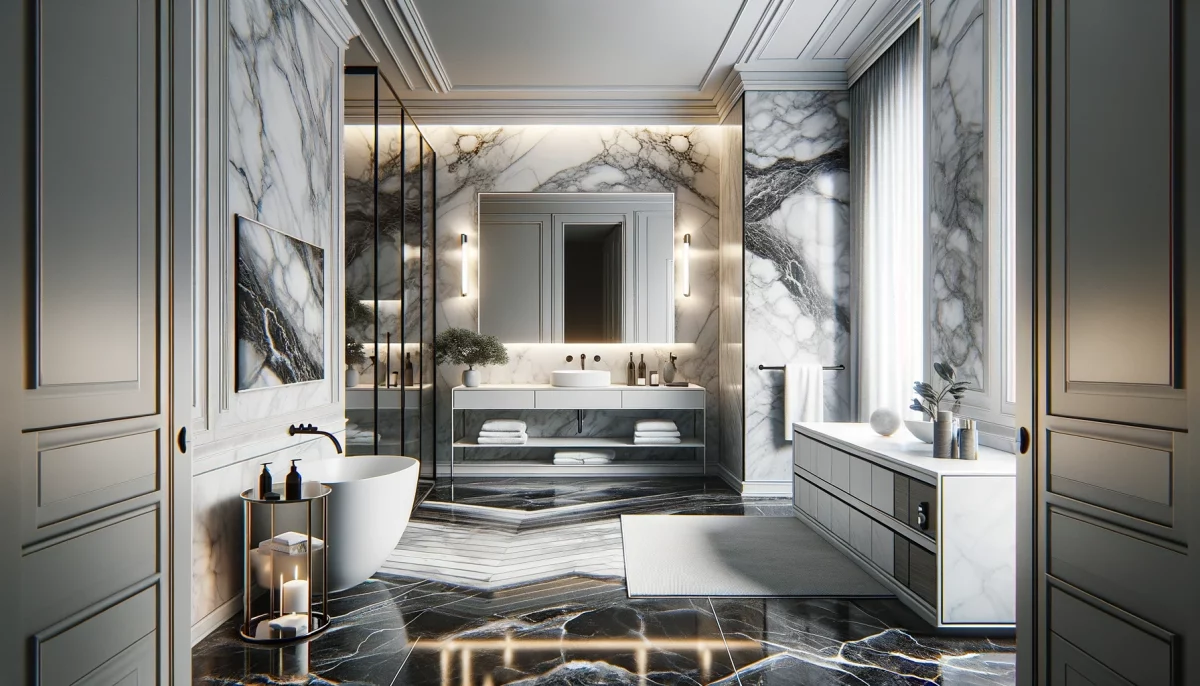 Un bagno bianco e nero, mettendo in risalto il pavimento in marmo per aggiungere un tocco di lusso e eleganza all'ambiente. 