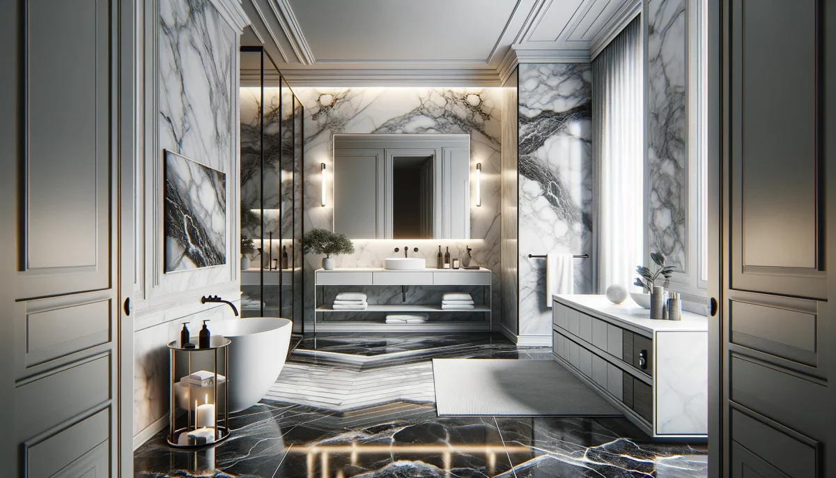 Un bagno bianco e nero, mettendo in risalto il pavimento in marmo per aggiungere un tocco di lusso e eleganza all'ambiente.