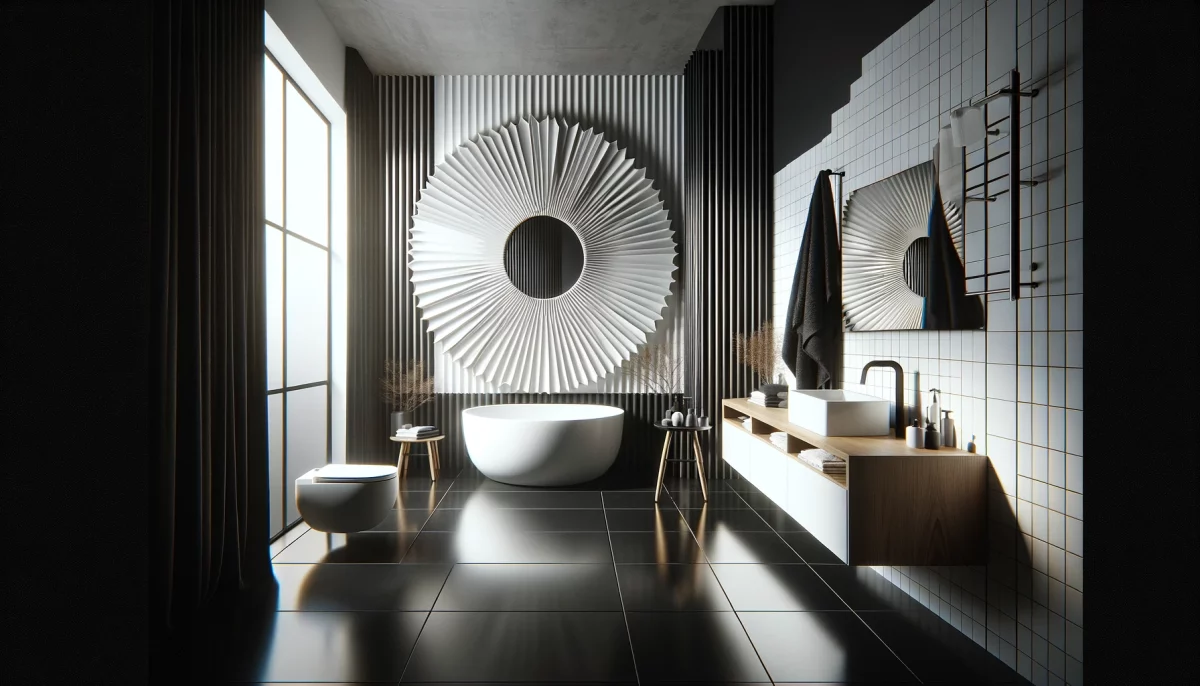 Un bagno bianco e nero che presenta uno specchio di forma insolita e dimensioni generose, il quale serve a rompere la monotonia delle linee rette e aggiunge dinamismo e carattere al design complessivo. 