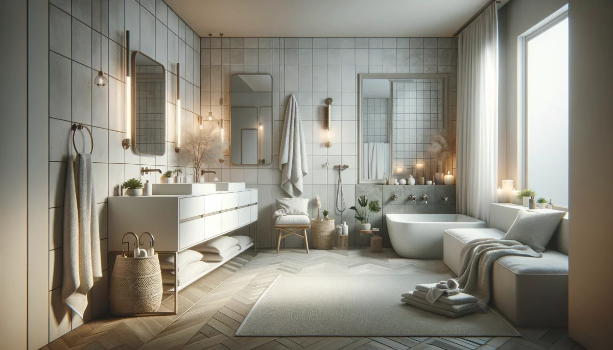 Bagno elegante in bianco e grigio con dettagli in legno, pietra, metallo e ceramica, arricchito da tessuti morbidi, che crea un ambiente sereno e accogliente.