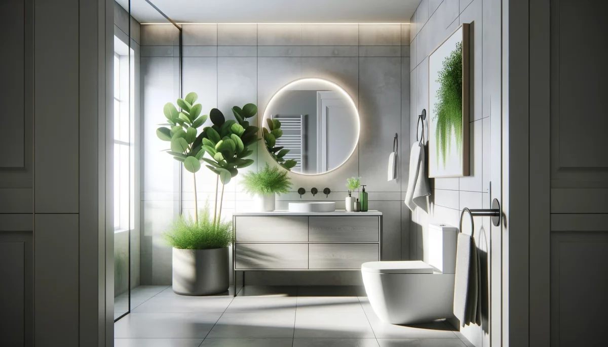  Bagno moderno in bianco e grigio con una pianta decorativa, che crea un contrasto vibrante in un ambiente elegante e pacifico.