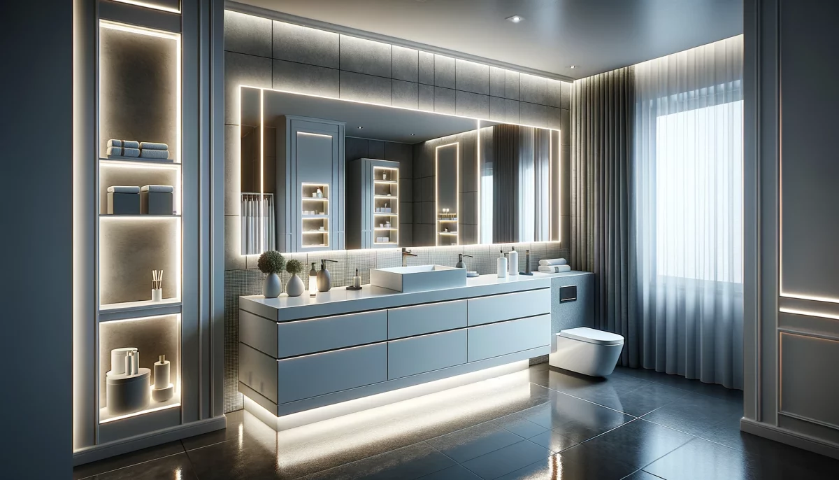 Bagno elegante in bianco e grigio con luci LED integrate nel mobile e nello specchio, che illuminano lo spazio con una luce calda, creando un'atmosfera accogliente e moderna.