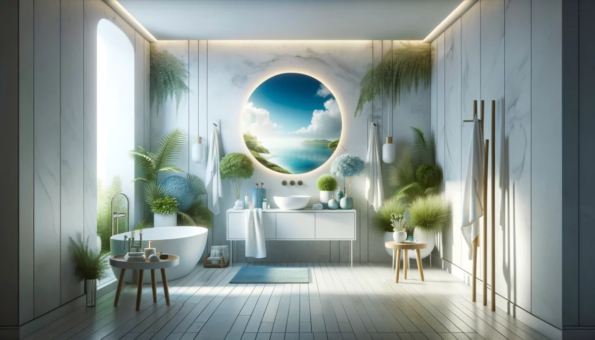 Bagno tranquillo in bianco e grigio con accenti in blu o verde, evocando un'atmosfera rilassante che ricorda il mare e la natura, unendo elementi moderni e naturali.