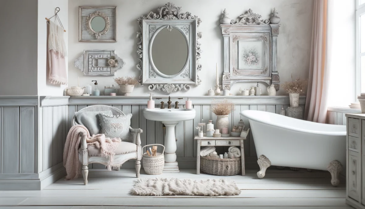 Bagno shabby chic in bianco e grigio con mobili vintage, tessuti morbidi, dettagli decorativi delicati, e accenti in colori pastello, offrendo un approccio romantico e femminile.