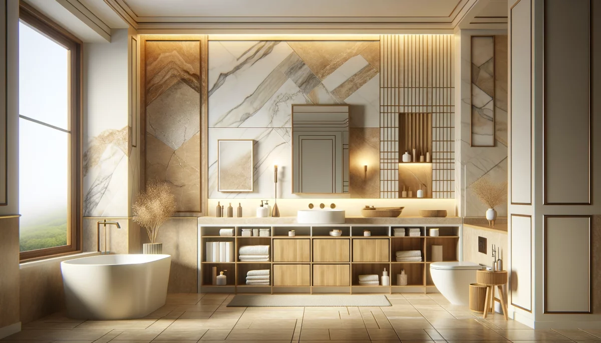 Un bagno color panna, arricchito da elementi distintivi come l'effetto pietra, il marmo, gli accenti in legno e le piastrelle lucide.