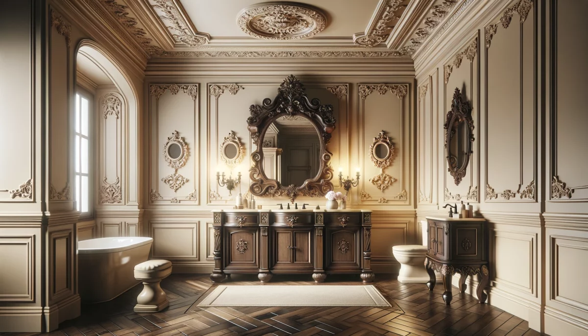 Un bagno color panna in stile classico, con elementi decorativi elaborati come cornici e rosoni, abbinati a mobili in legno scuro per creare un contrasto elegante.