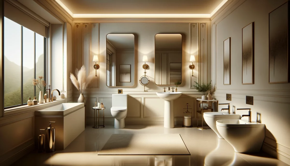 Un bagno color panna con sanitari eleganti, dove il design raffinato e gli accessori di lusso si combinano per creare un ambiente sofisticato e accogliente.