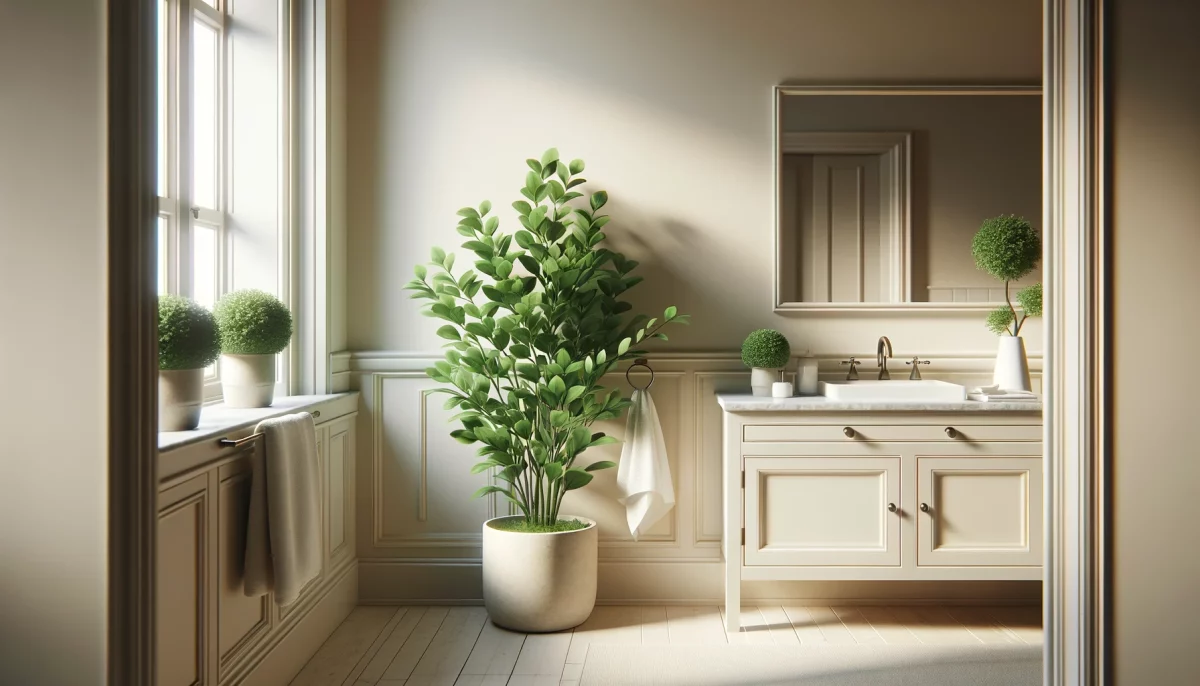 Un bagno color panna con una pianta decorativa come punto focale, che aggiunge un tocco di freschezza e vivacità all'ambiente.