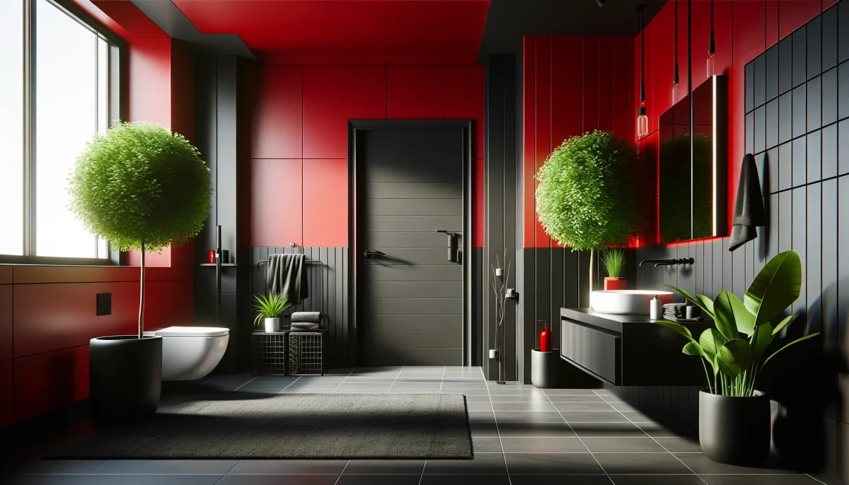 Un bagno dal design moderno, con pareti rosse e dettagli neri, dove una pianta decorativa verde diventa il punto focale, aggiungendo vitalità e un tocco di colore vivace all'ambiente. 