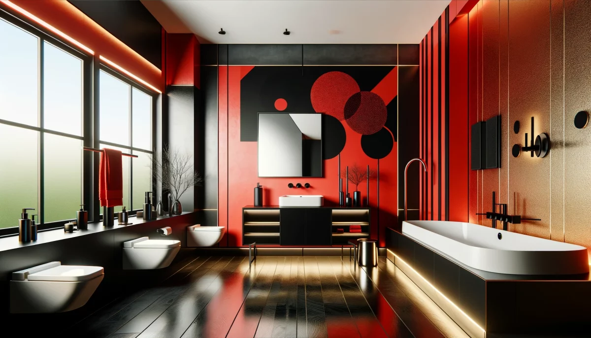 Un bagno dal design rosso e nero, arricchito da una parete caratteristica con grafiche audaci o arte moderna che aggiunge personalità all'ambiente. 