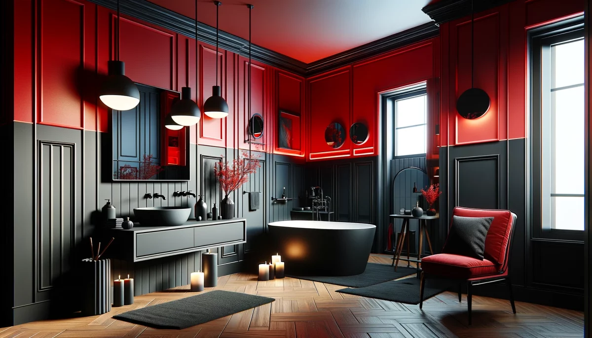 Un bagno trasformato da una palette di colori audace di rosso e nero, che esprime carattere, eleganza e un tocco di modernità senza tempo. 