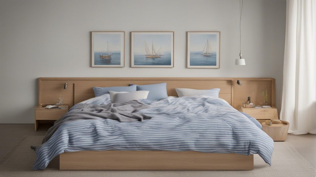 Camera da letto marina con letto in legno chiaro e lenzuola a righe blu e bianche.