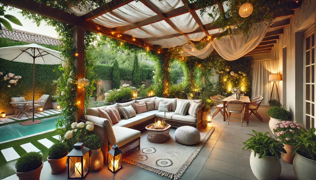 Terrazza con pergola decorata con piante rampicanti, piante in vaso e comodi mobili da esterno, creando un'atmosfera accogliente e rilassante.