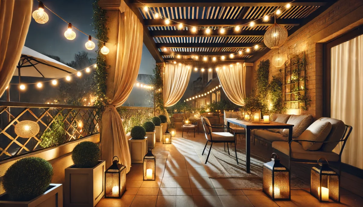 Terrazza con pergola decorata con luci a stringa e lanterne, creando un'atmosfera calda e invitante per le serate all'aperto.