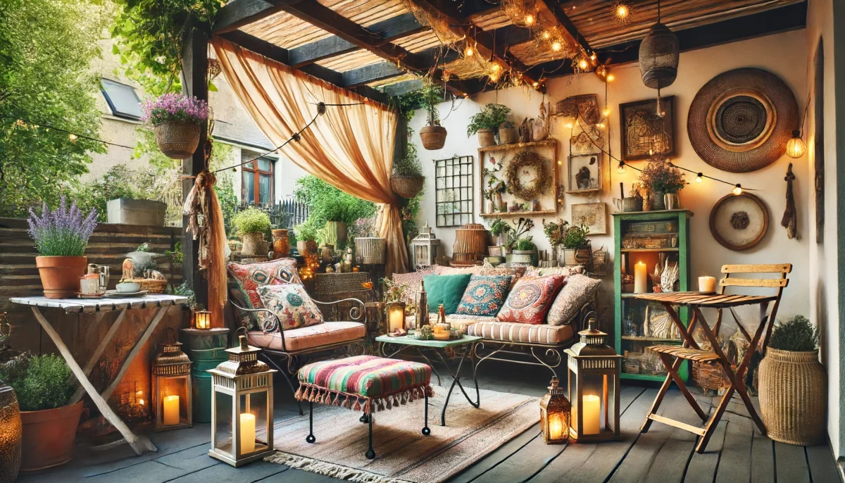 Terrazza con pergola decorata in stile personalizzato con mobili vintage, cuscini colorati, accessori unici come lanterne e piante, creando un'atmosfera accogliente e originale.