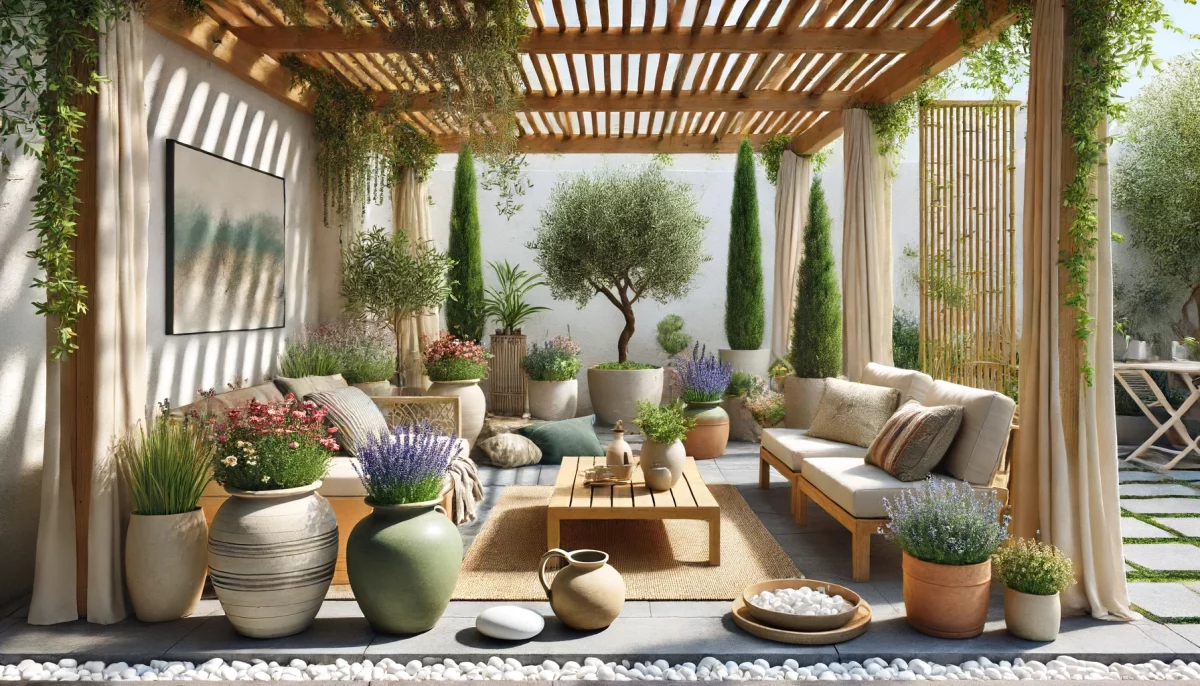 Terrazza con pergola decorata con ulivi in vaso, piante di lavanda, ciottoli bianchi e bambù, creando un ambiente armonioso e rilassante con sedute comode e decorazioni in stile Mediterraneo e Zen.