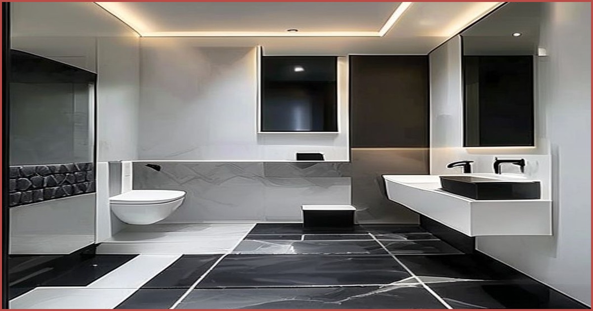 Bagno bianco e nero elegante con pavimento nero pareti bianche e rubinetteria nera opaca - Casa Sogno